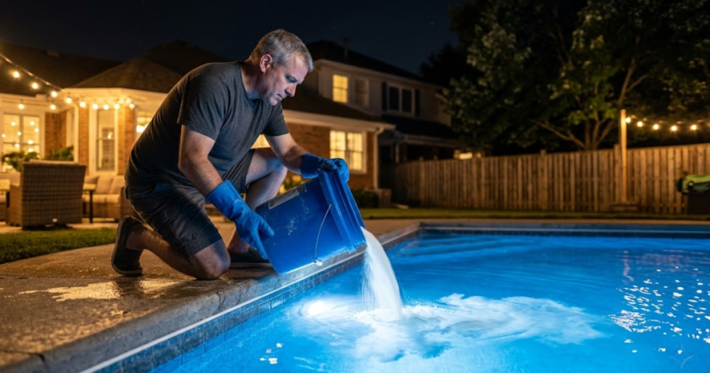 what is pool shocking - pool owner pouring dissolved shock into glowing pool at night to destroy chloramines