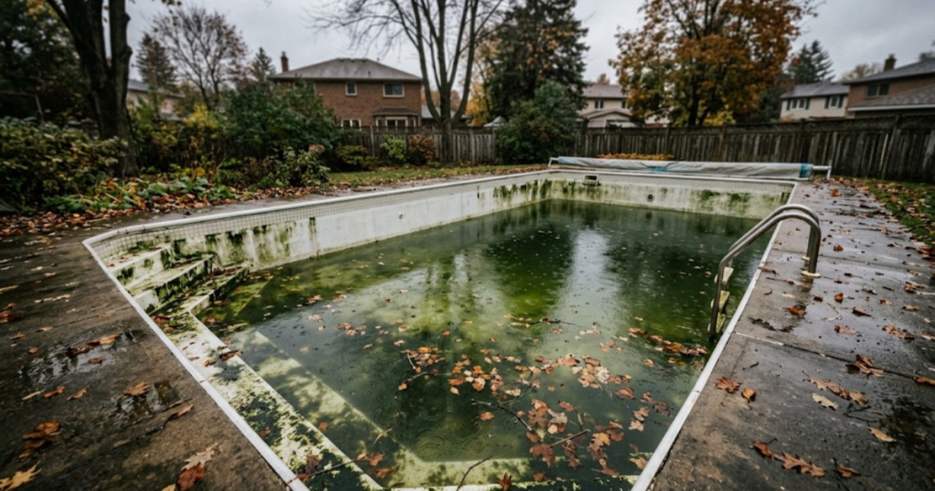 when to shock a pool - green algae on pool walls and murky water after heavy rain and bather load