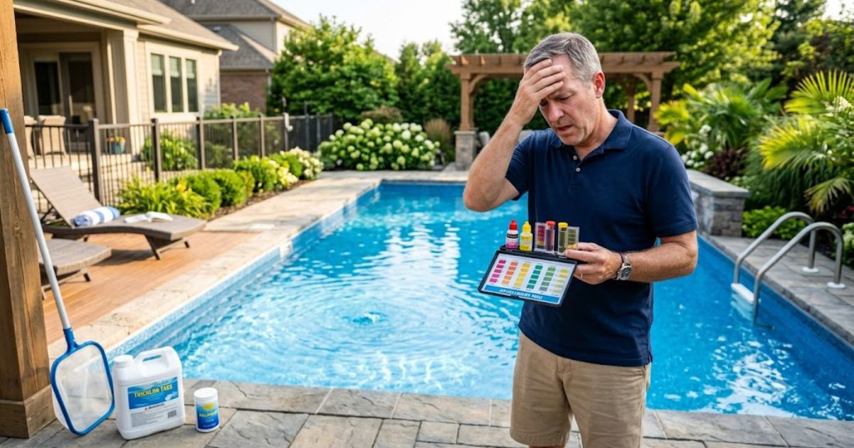 Why Does My Pool Smell Like Chlorine After Treatment - , Concerned pool owner standing beside a swimming pool that smells like chlorine even after treatment