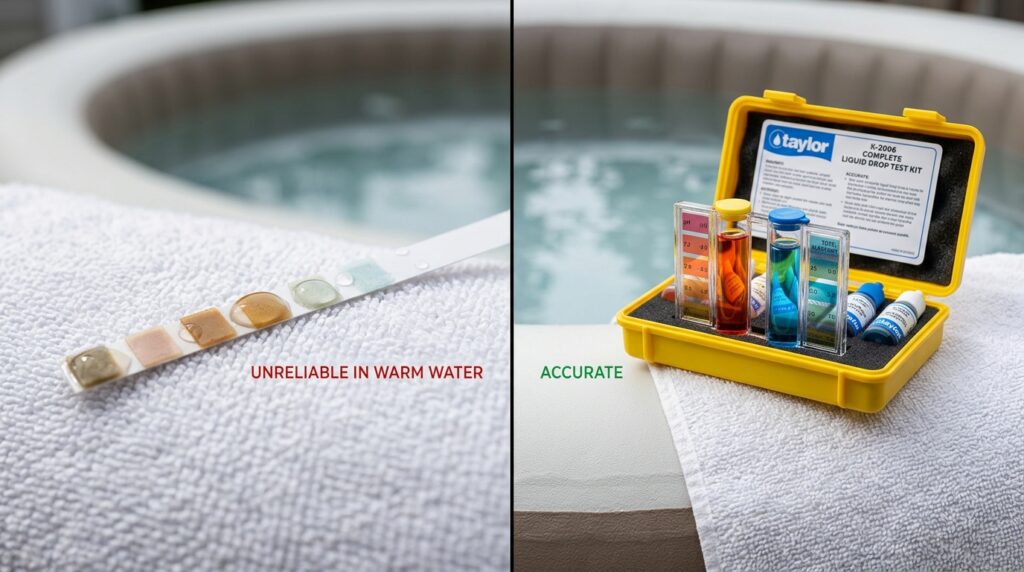 Comparison of faded inaccurate test strip versus accurate Taylor K-2006 drop test kit for inflatable hot tub pH testing