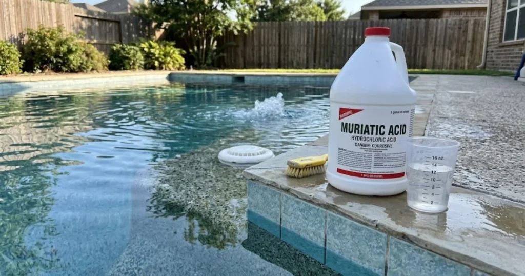 Proper muriatic acid addition near pool return jets in saltwater pool maintenance
