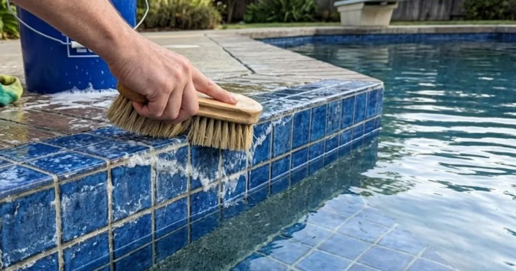 Diluted muriatic acid solution applied to pool tile with brush for calcium scale removal