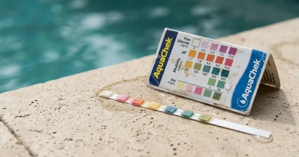 AquaChek pool test strip color chart reading free chlorine and pH