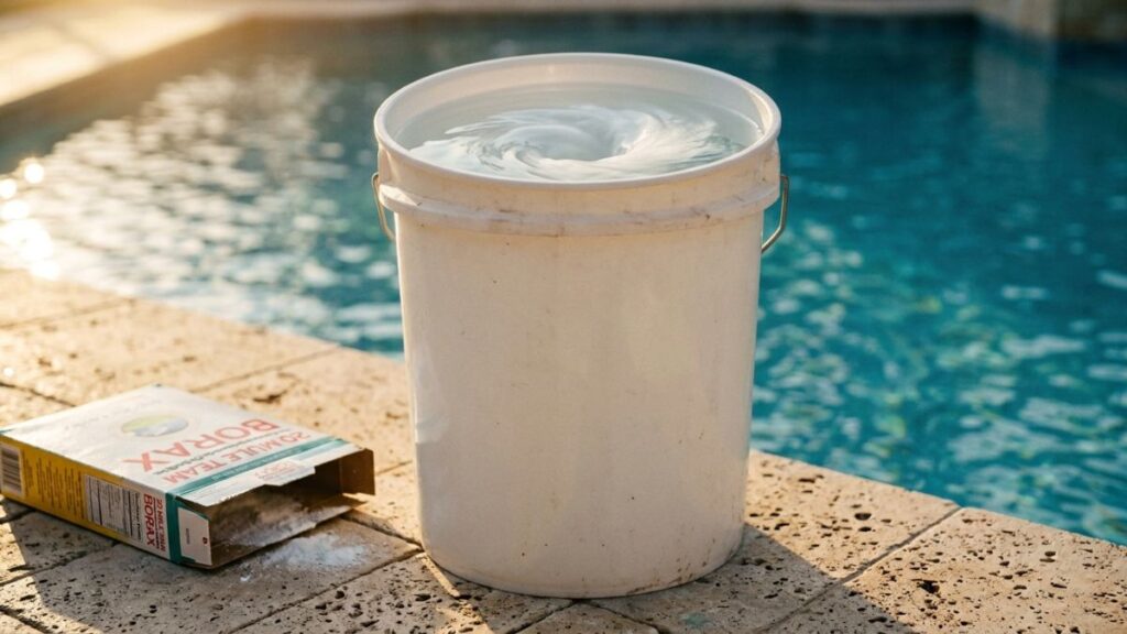 white borax powder being stirred and dissolving in a clear
5 gallon bucket filled with pool water creating milky white
solution, bucket sitting on pool deck beside pool edge
ready to be added to raise pool pH without raising alkalinity