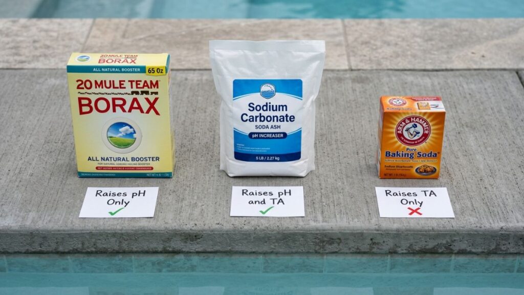 three pool pH chemicals side by side on concrete pool deck
for comparison, 20 Mule Team borax box on left, soda ash
sodium carbonate white bag in center, baking soda sodium
bicarbonate box on right, showing which chemical raises
pool pH without raising alkalinity