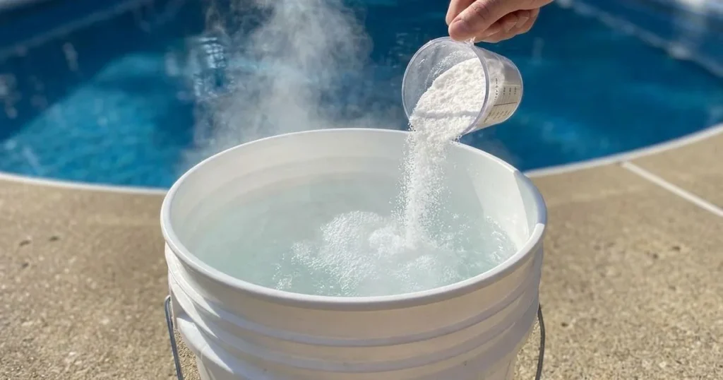 Pre-dissolving calcium chloride in a bucket before adding to pool