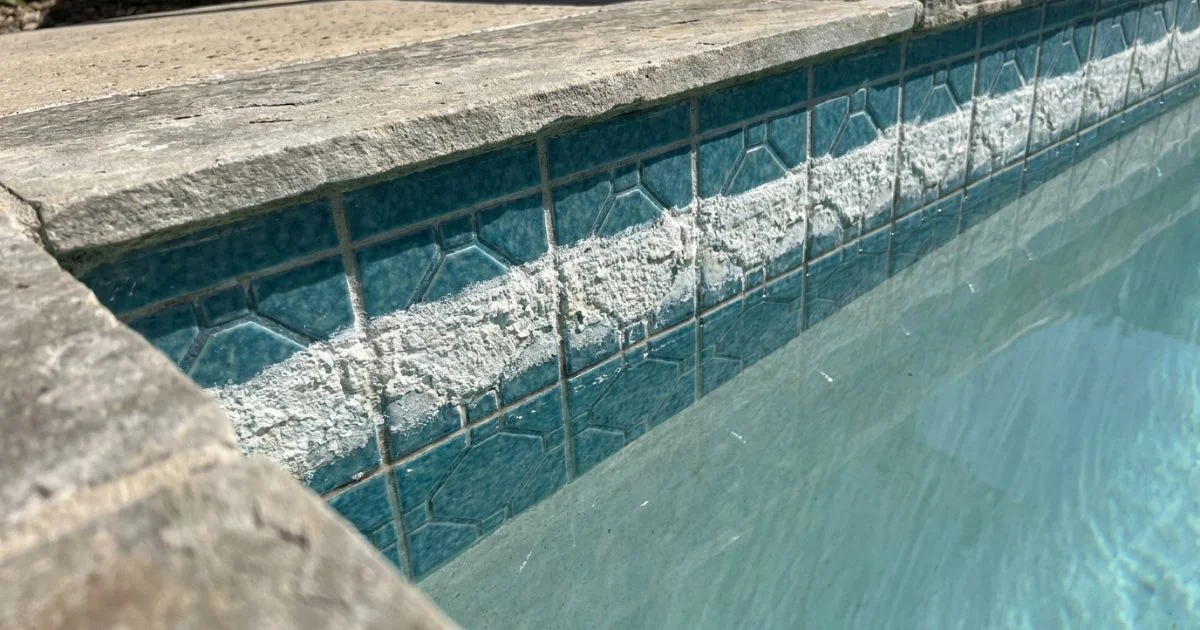 pool calcium hardness White calcium scale buildup on pool tile waterline