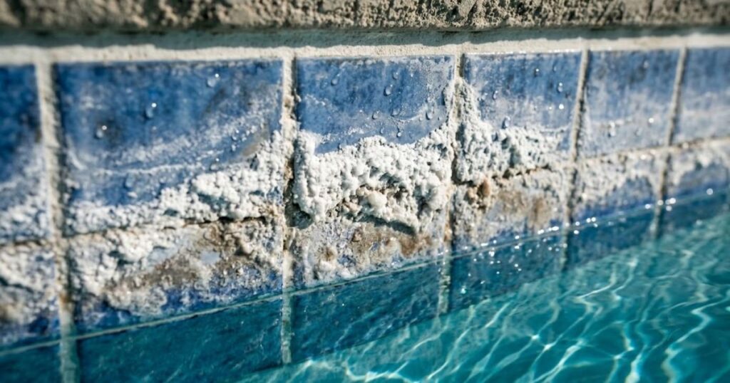 Extreme close-up of white chalky calcium carbonate
scale deposits crusted along swimming pool waterline
tile grout lines, caused by consistently high pool pH