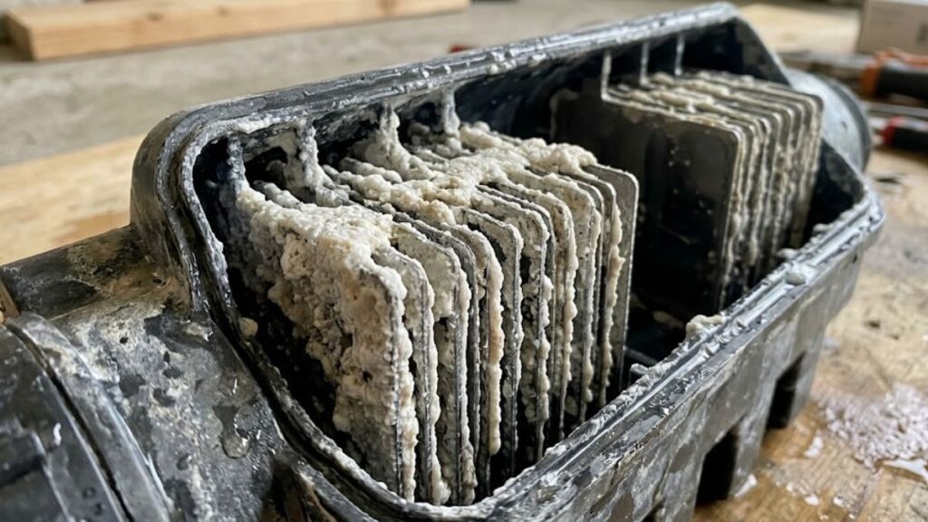 Calcium scale buildup inside a salt chlorine generator cell.