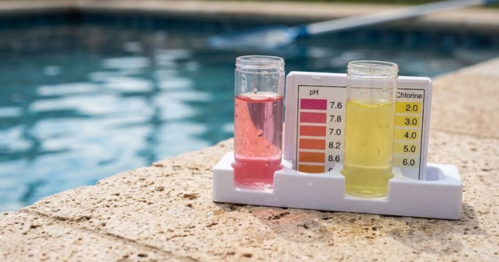 Pool water test kit vials comparing pH and chlorine color readings against a testing chart