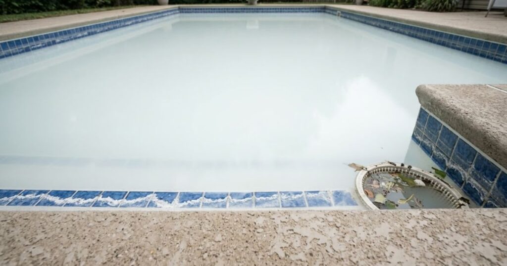 Swimming pool with visibly milky and opaque cloudy water
caused by high pH calcium mineral precipitation,
pool bottom tiles not visible through the haze