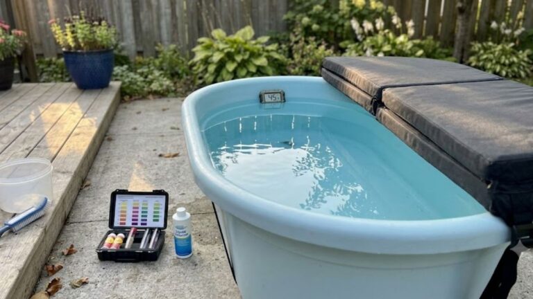 Residential cold plunge with balanced water chemistry and testing equipment