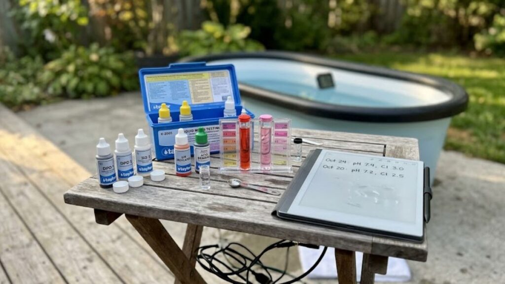 Liquid test kit showing balanced cold plunge pH and chlorine levels