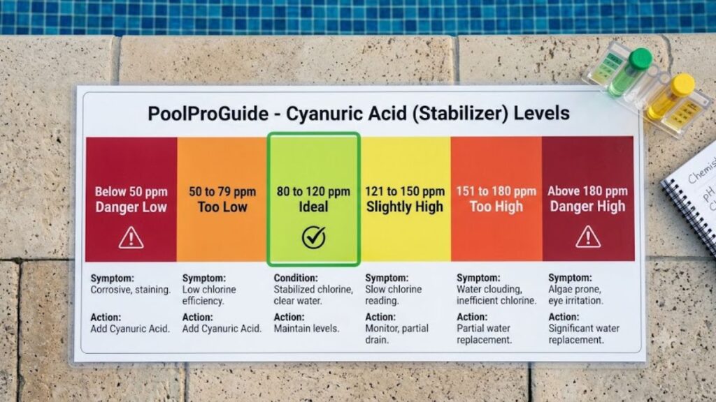 color coded pool alkalinity levels chart printed card showing
ranges from below 50 ppm danger low in red through 80 to 120
ppm ideal in green to above 180 ppm danger high in dark red