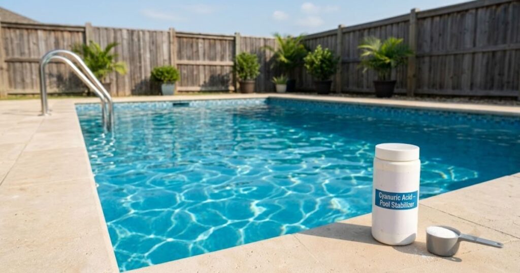 Clear blue backyard swimming pool with sparkling water despite chlorine testing issues