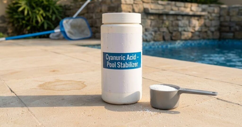 Cyanuric acid pool stabilizer chemical container and measuring scoop on pool deck