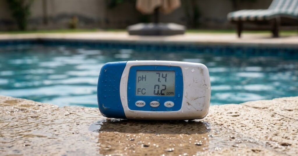 Digital pool water tester displaying normal pH but low free chlorine reading on pool ledge