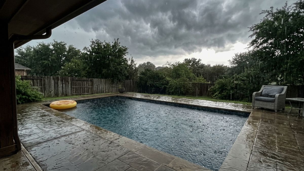 does rain lower or raise pool pH , pool during rain with dark storm clouds affecting pH