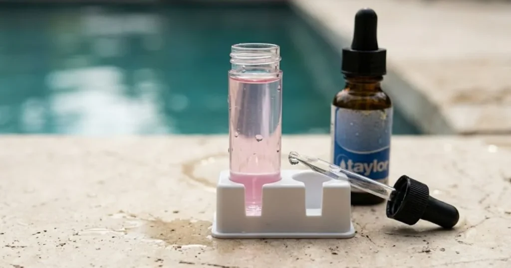 FAS-DPD liquid pool test kit vial showing free chlorine drop count test