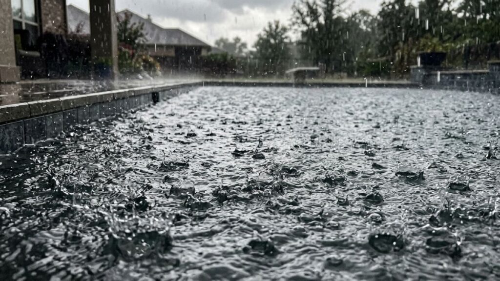 heavy rain hitting pool surface causing aeration and pH rise