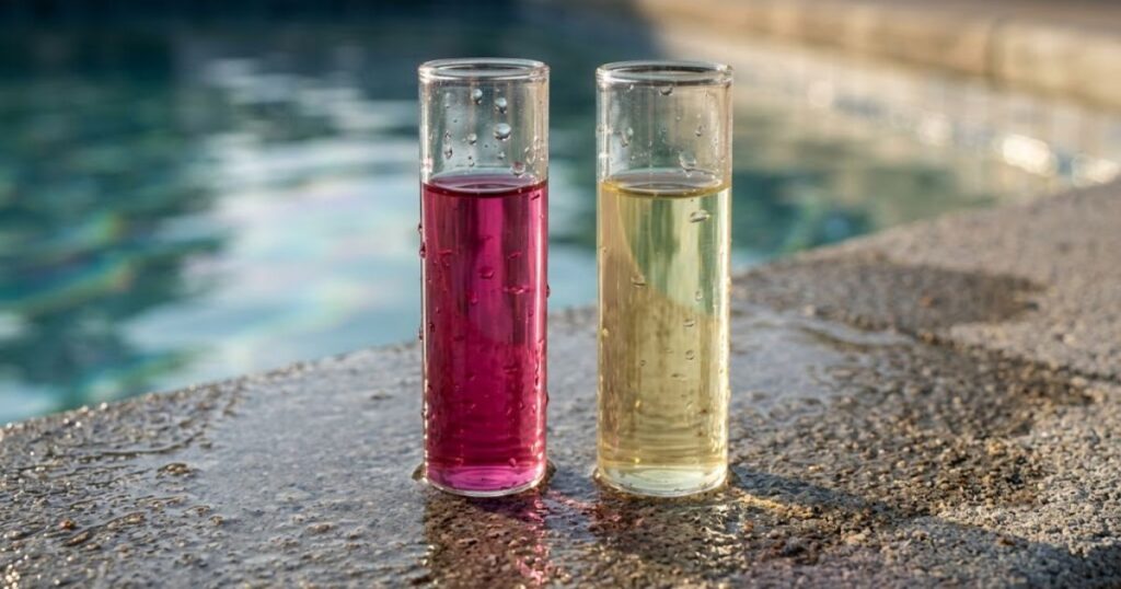 Two pool water test tubes on concrete pool edge, left
tube showing deep pink color indicating high pool pH
above 8.0, right tube showing low free chlorine level
