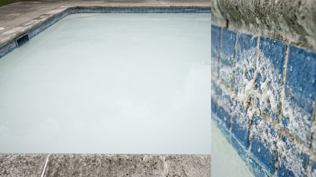 swimming pool with visibly cloudy milky white water from high
total alkalinity beside extreme close-up of white calcium scale
deposits crusted on blue pool tile waterline caused by elevated
pH from high TA