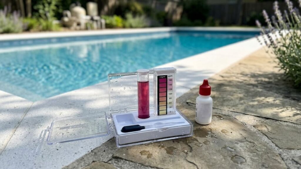 Muriatic Acid to Lower Pool Alkalinity Liquid test kit showing high total alkalinity in pool water.
