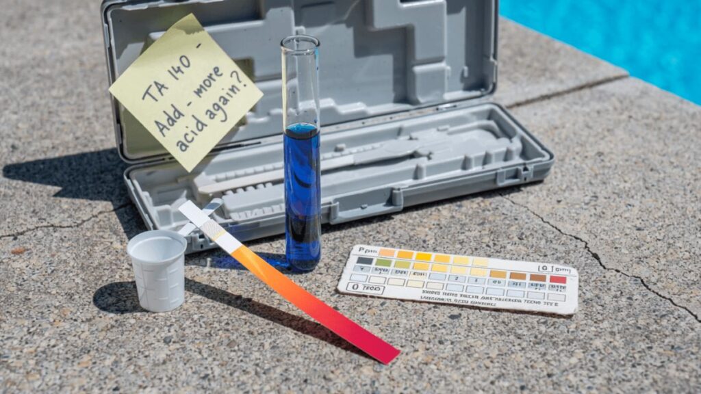 Pool alkalinity test kit showing TA reading of 140 ppm above ideal range beside pH test strip reading 8.1, on concrete pool deck with pool water in background