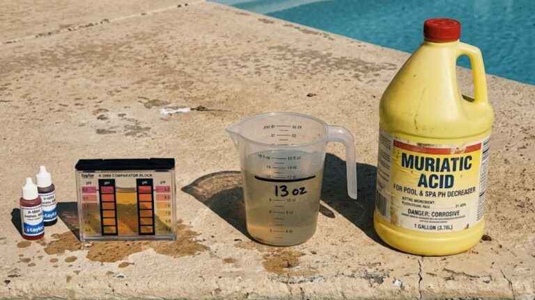 Measuring cup with exact muriatic acid dose next to pool test kit showing high pH reading on concrete pool deck