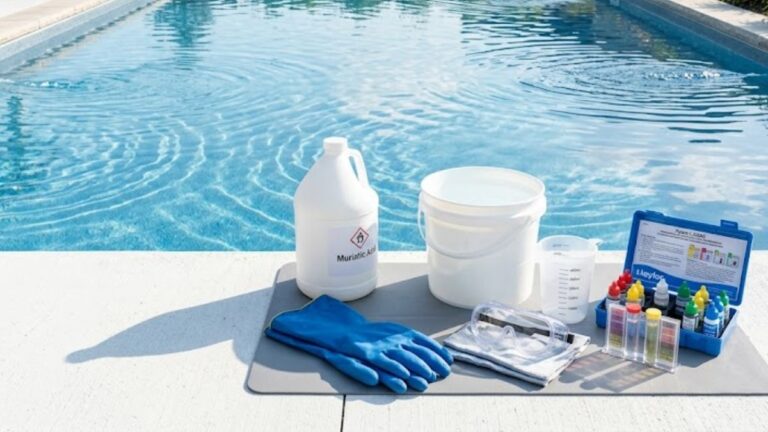 How to Add Muriatic Acid to a Pool Safely- Pool maintenance supplies beside a crystal-clear residential swimming pool before adding muriatic acid.