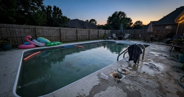 pool water hazy and flat after a pool party at dusk showing heavy bather load contamination before same-night shock treatment