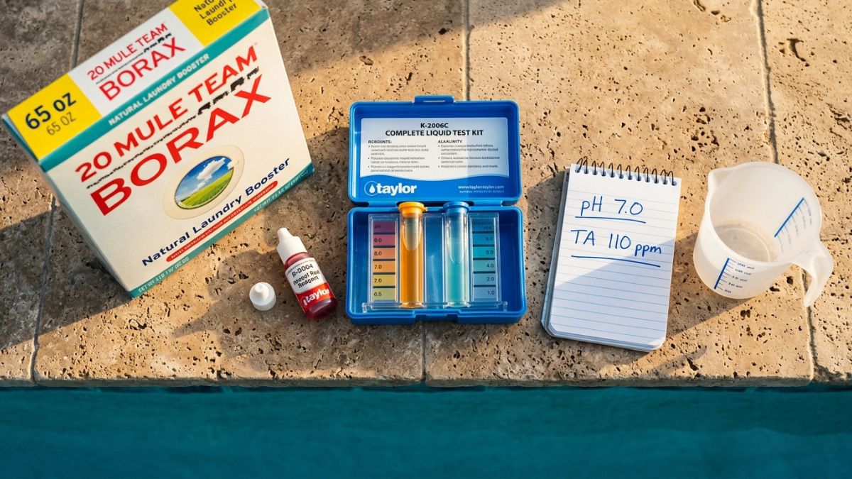 how to raise pool pH without raising alkalinity using borax, 20 mule team borax bag beside Taylor K-2006C test kit on travertine pool deck showing low pH reading of 7.0 with alkalinity test tube showing normal 110 ppm reading