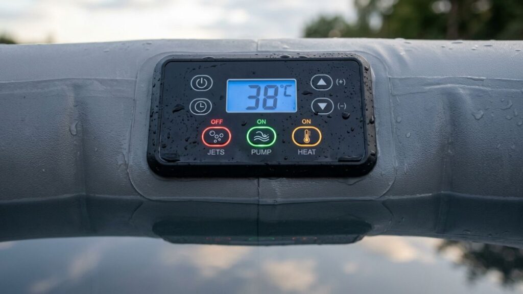 Inflatable hot tub control panel showing air jets turned off and pump running — correct setting before adding pH chemicals