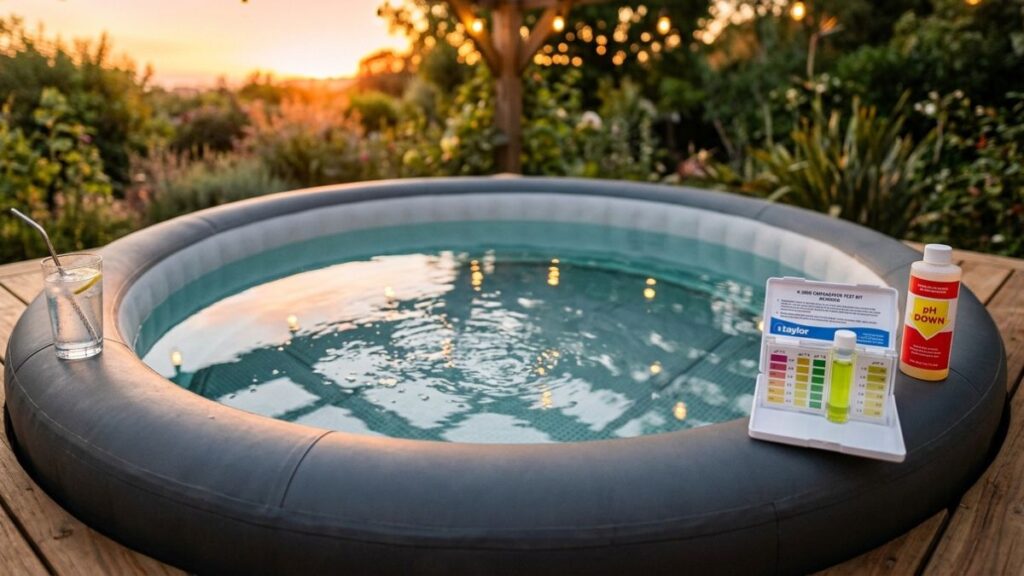 Crystal clear inflatable hot tub water with perfect balanced pH 7.4 shown on test kit at golden hour sunset