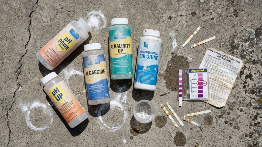 Multiple empty pH Down bottles and high pH test strip showing wasted chemicals from adding pH Down with air jets running