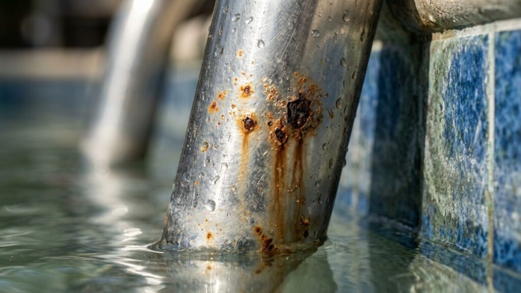 close-up of stainless steel swimming pool ladder showing
rust spots corrosion and brown rust stain streaks running
down metal surface caused by low pool alkalinity creating
acidic water that attacks metal