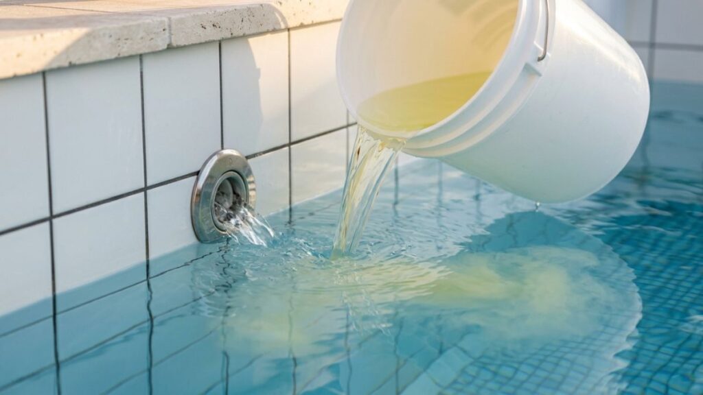 muriatic acid pre-diluted in white bucket being slowly
poured into swimming pool water near active stainless steel
return jet fitting to correctly lower pool pH bouncing back
from high alkalinity
