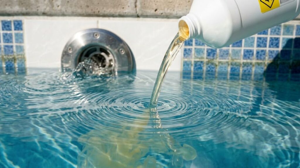 translucent yellow muriatic acid stream being poured from
white chemical bottle into swimming pool water near active
return jet fitting to lower high pool alkalinity, creating
circular ripple pattern on surface