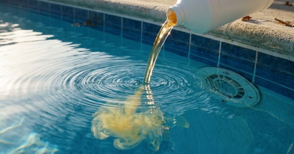 Stream of muriatic acid being poured into
blue swimming pool water near return jet
to lower high pool pH, creating ripple
pattern on water surface