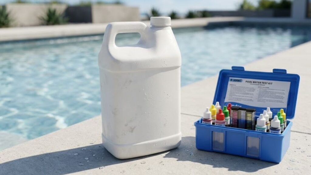How to Add Muriatic Acid to Pool Unlabeled muriatic acid container beside a swimming pool test kit.