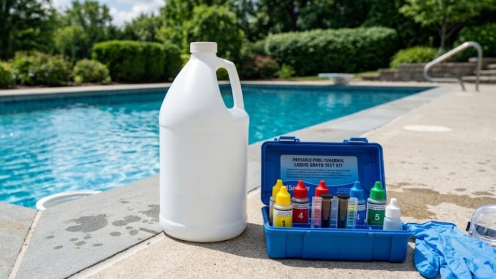Unbranded muriatic acid container beside a professional pool water testing kit.