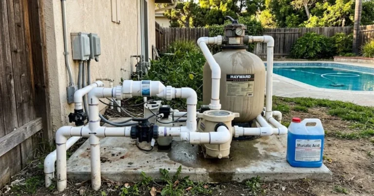 Saltwater pool equipment area showing muriatic acid used for pH control and maintenance