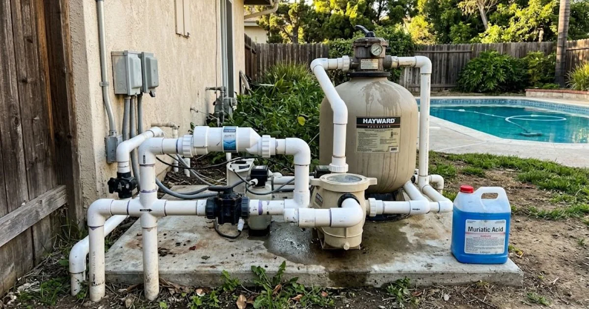 Saltwater pool equipment area showing muriatic acid used for pH control and maintenance