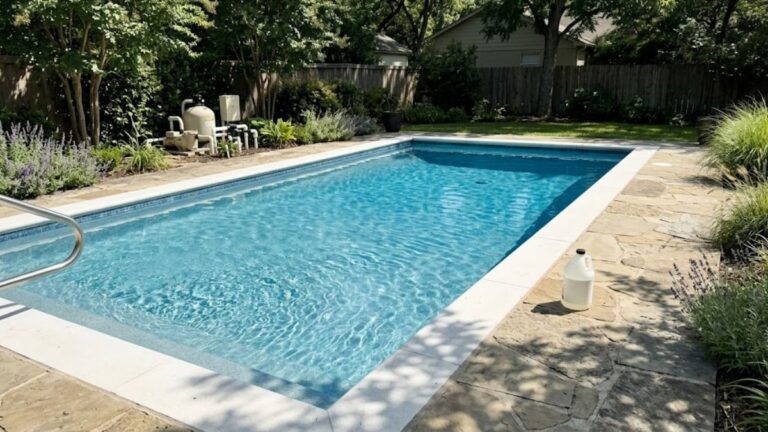 Muriatic acid placed safely beside a residential swimming pool before lowering pool alkalinity.
