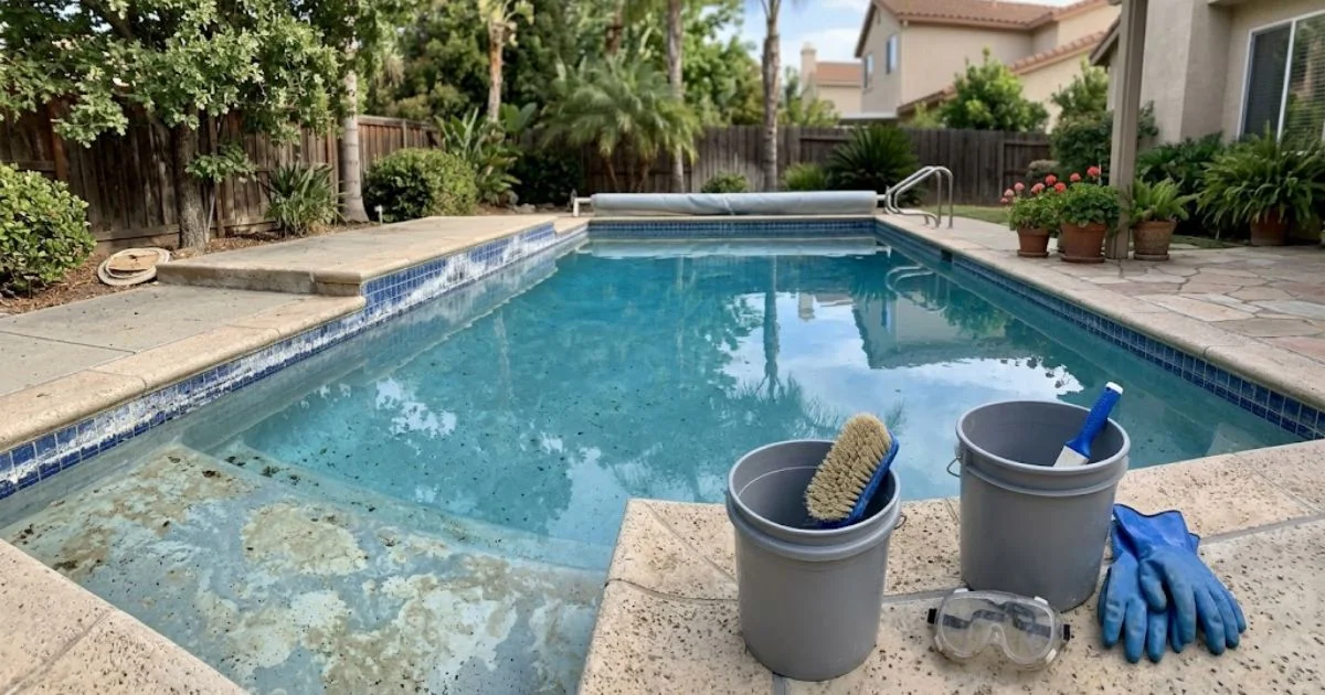 Residential swimming pool showing calcium scale and cloudy water before muriatic acid pool cleaning treatment