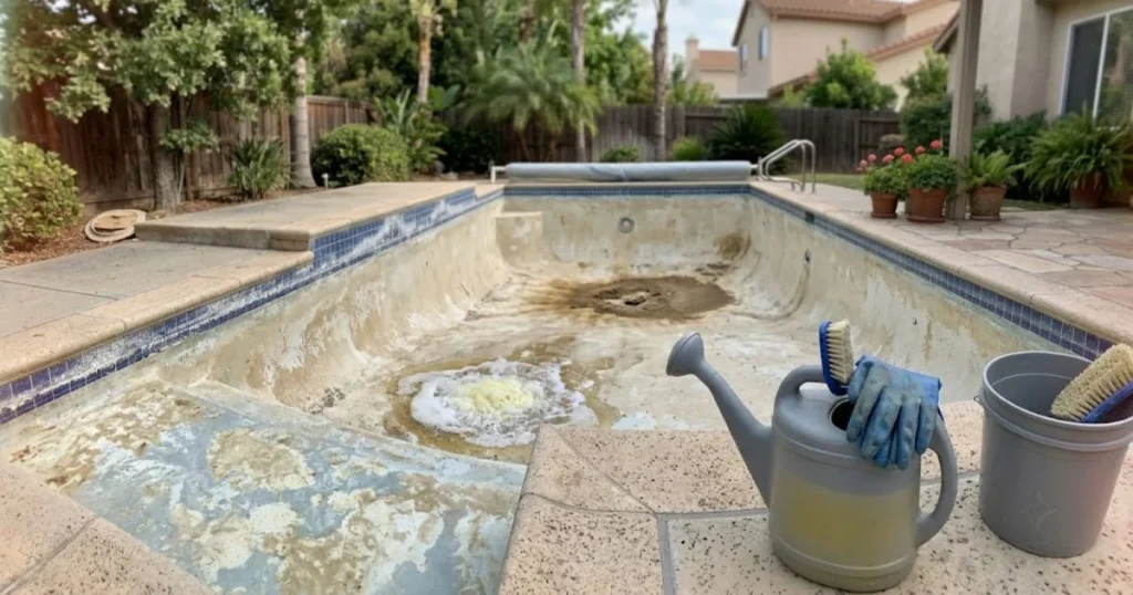 Drained residential swimming pool during muriatic acid acid wash for calcium scale removal