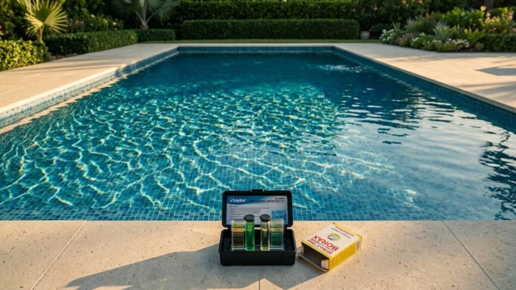 perfectly balanced backyard swimming pool with crystal clear
blue water after successfully raising pool pH to 7.4 using
borax without raising alkalinity, Taylor test kit on pool
deck showing ideal green pH reading