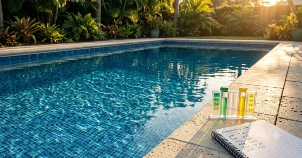 Perfectly balanced backyard swimming pool
with crystal clear transparent blue water
and Taylor test kit showing ideal pH of 7.4
and chlorine of 3.0 ppm on pool deck at
golden hour