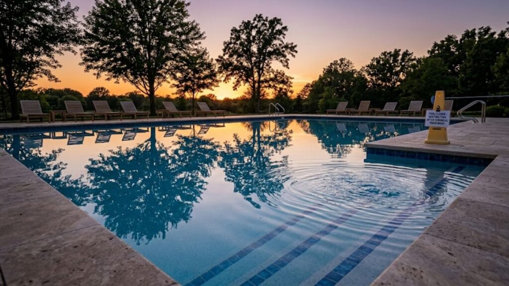 Crystal-clear swimming pool circulating after muriatic acid treatment.