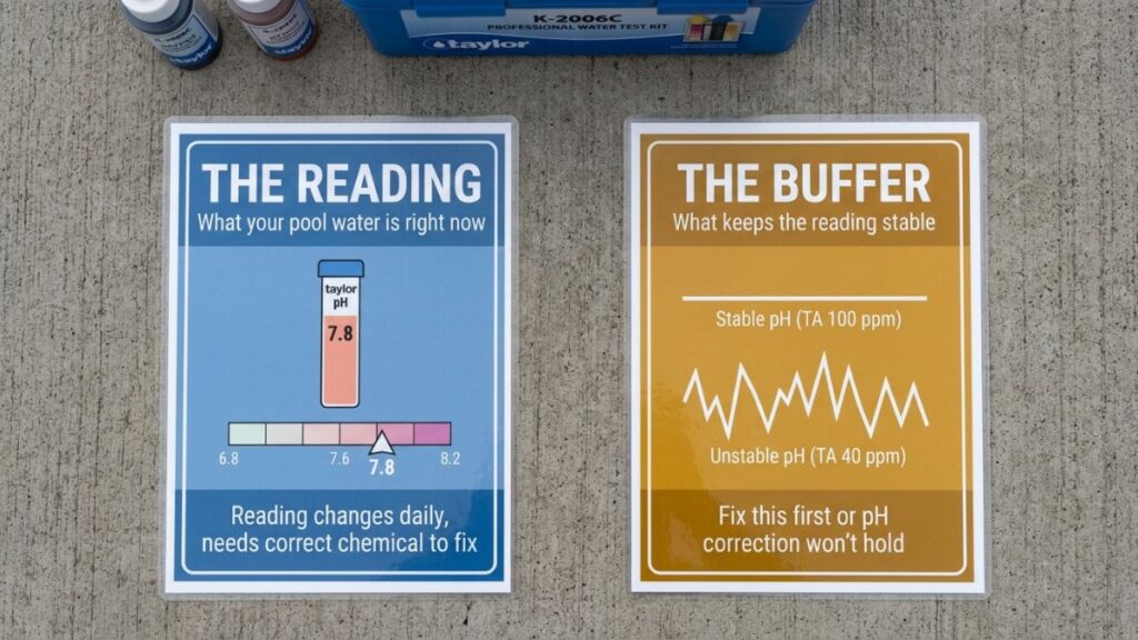 two pool chemistry concept cards side by side on concrete pool deck,
left card showing pH labeled as the current reading with pH test
tube, right card showing total alkalinity labeled as the stability
buffer with TA test result, illustrating the difference between
what each measurement controls